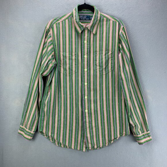 Polo Ralph Lauren Other - **SOLD**Vtg Polo Ralph Lauren Shirt Mens Medium Green Button Up Striped Pockets